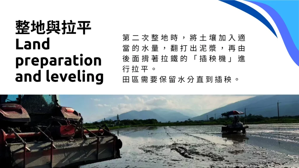 低碳再生的田區進行荒地整地。把原本已經雜草叢生的地區，進行整地與拉平。 第二次整地時，將土壤加入適當的水量，翻打出泥漿，再由後面揹著拉鐵的「插秧機」進行拉平。 田區需要保留水分直到插秧。