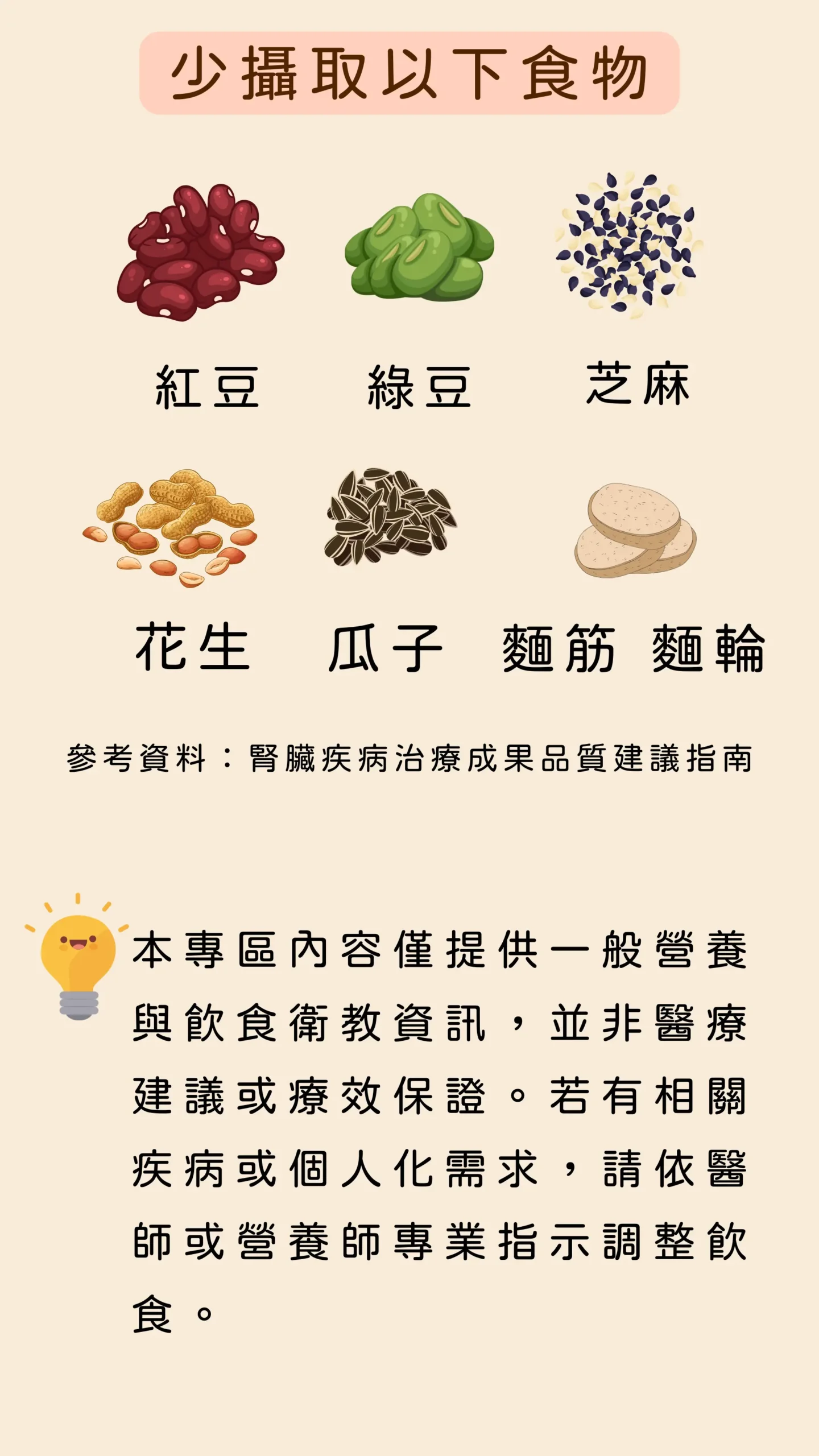 需限制攝取的食物 紅豆 綠豆 芝麻 花生 蓮子 腰果 葡萄乾
