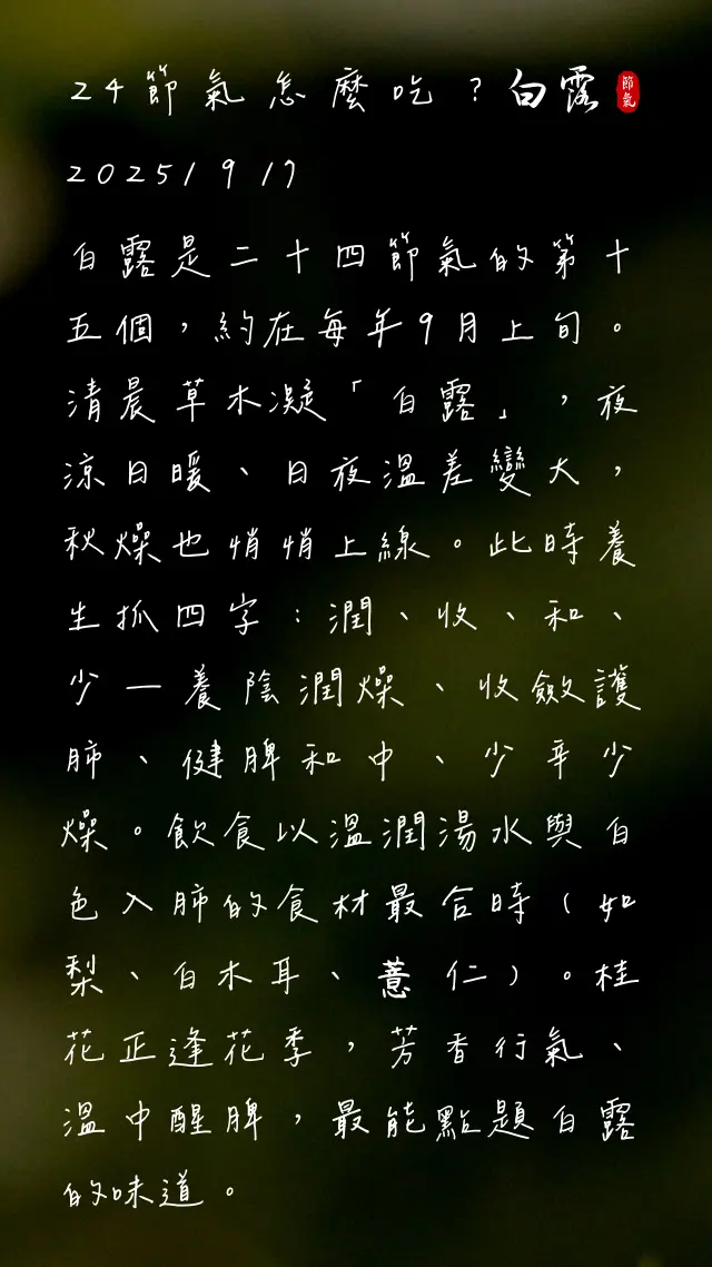 白露節氣由來與當季飲食重點的手寫資訊卡，提醒潤燥收斂、溫補護肺與健脾