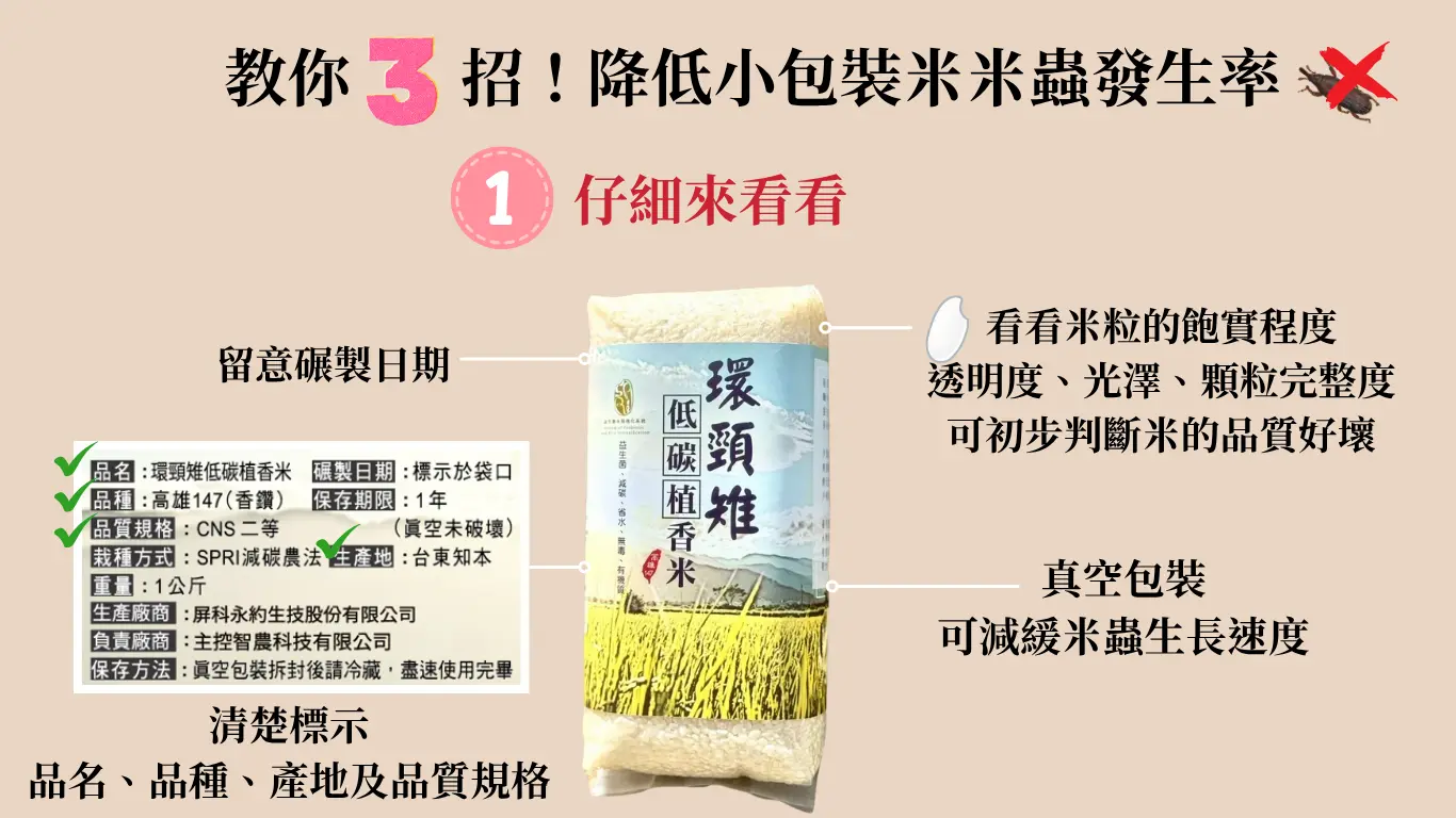 降低米蟲發生率的第一招：仔細查看真空包裝米的包裝，包含留意碾製日期、產地。還有觀察米外觀。