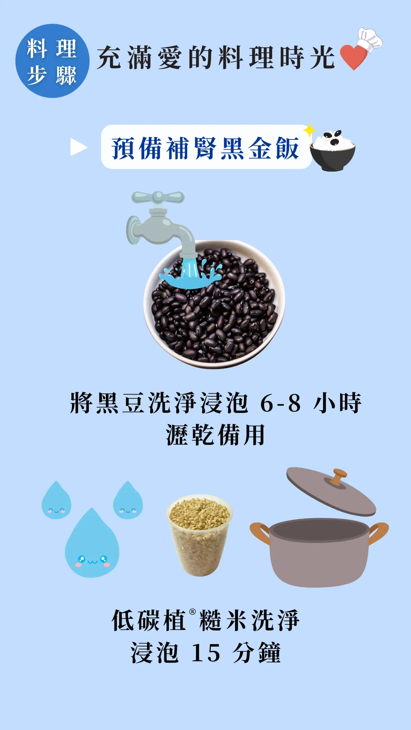 黑豆浸泡與低碳植糙米洗淨的料理準備步驟