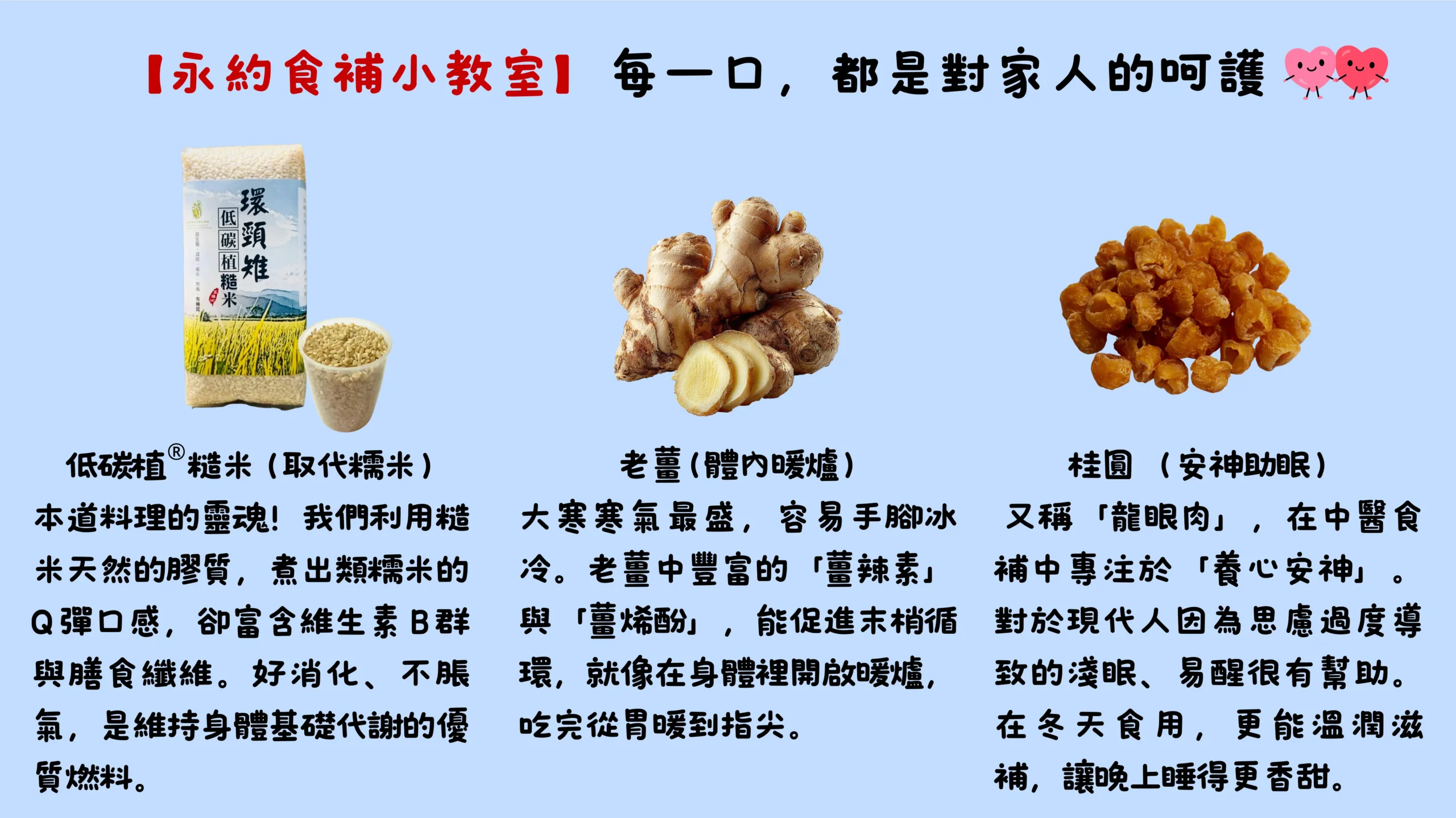 大寒是一年中最寒冷的節氣，本頁介紹以低碳植稻米製作的薑汁桂圓糯米糕，溫暖滋補的冬季料理。